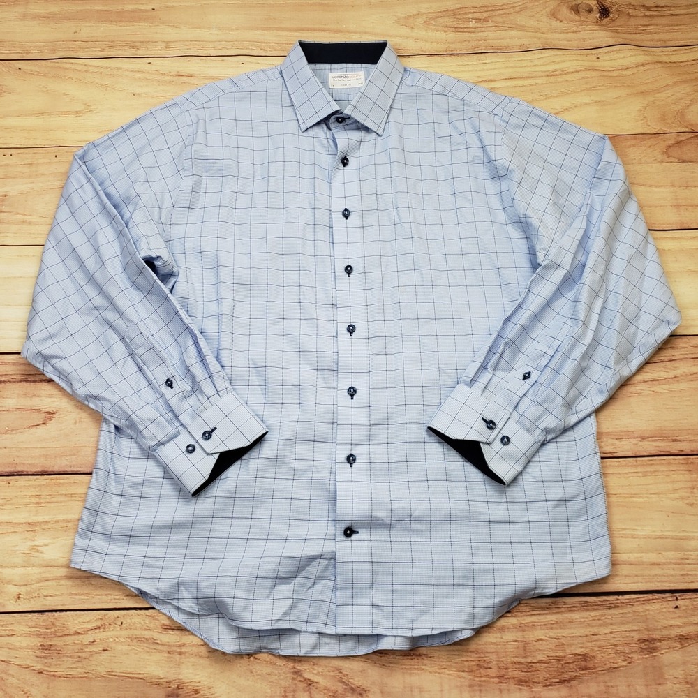 Lorenzo Uomo Shirt Mens 18 Blue‎ Plaid Trim Fit Dress Button Down Cotton Adult *